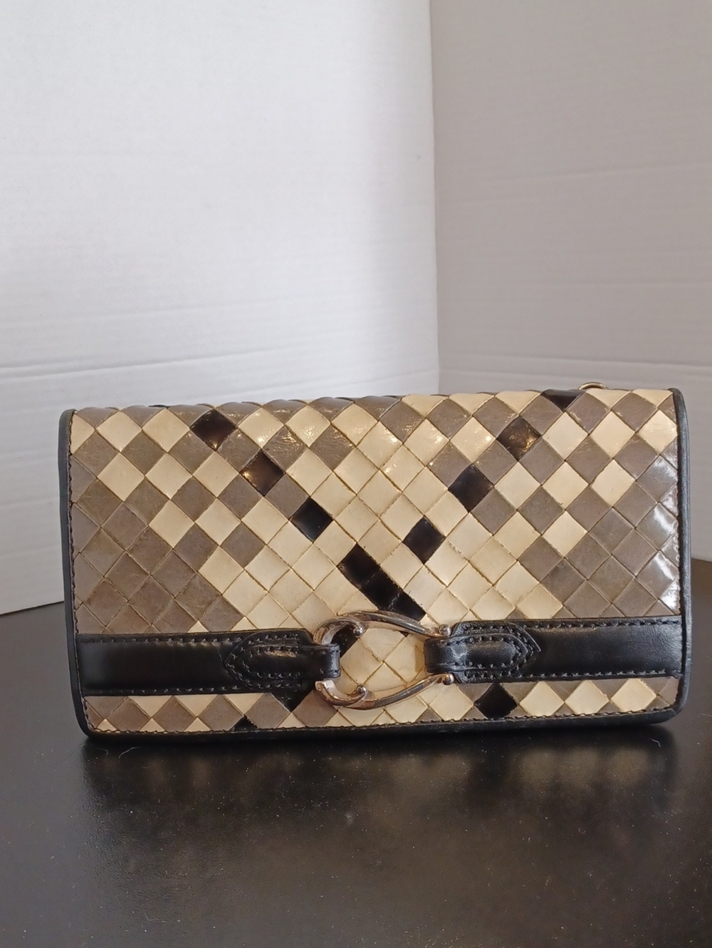 Brighton Vintage Woven Leather Clutch Wallet  in Beige and Black